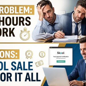 Pode incluir: Um gr&aacute;fico dividido mostrando uma pessoa estressada de terno com pilhas de papel e o texto PREP PROBLEM: 200+ HOURS OF WORK, contrastado com uma pessoa sorridente de terno usando um laptop com o texto SOLUTIONS: 1 SKOOL SALE PAYS FOR IT ALL.