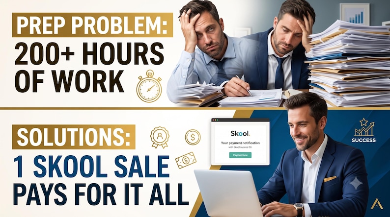 Pode incluir: Um gr&aacute;fico dividido mostrando uma pessoa estressada de terno com pilhas de papel e o texto PREP PROBLEM: 200+ HOURS OF WORK, contrastado com uma pessoa sorridente de terno usando um laptop com o texto SOLUTIONS: 1 SKOOL SALE PAYS FOR IT ALL.
