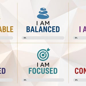 Pode incluir: Uma grade de seis &iacute;cones gr&aacute;ficos em um fundo geom&eacute;trico branco. Cada se&ccedil;&atilde;o apresenta um s&iacute;mbolo e texto: uma montanha dourada com I AM UNSTOPPABLE, pedras azuis com I AM BALANCED, um p&aacute;ssaro roxo com I AM FREE, uma b&uacute;ssola azul escura com I AM ALIGNED, um alvo turquesa com I AM FOCUSED e um calend&aacute;rio vermelho com engrenagens com I AM CONSISTENT. Cada se&ccedil;&atilde;o inclui uma barra de progresso de 0%.