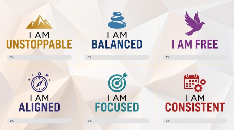 Pode incluir: Uma grade de seis &iacute;cones gr&aacute;ficos em um fundo geom&eacute;trico branco. Cada se&ccedil;&atilde;o apresenta um s&iacute;mbolo e texto: uma montanha dourada com I AM UNSTOPPABLE, pedras azuis com I AM BALANCED, um p&aacute;ssaro roxo com I AM FREE, uma b&uacute;ssola azul escura com I AM ALIGNED, um alvo turquesa com I AM FOCUSED e um calend&aacute;rio vermelho com engrenagens com I AM CONSISTENT. Cada se&ccedil;&atilde;o inclui uma barra de progresso de 0%.