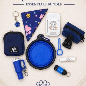 May include: A collection of dog walking essentials, including a blue collapsible bowl, treat pouch, bandana, and a mini-torch. The set also includes a leash and linen spray, a water bottle, and a paw print keychain. The text reads "Dog Walker's Dream Essentials Bundle."