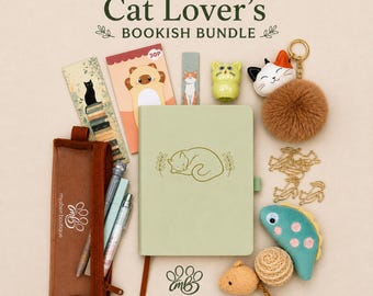 May include: A stationery set labeled Cat Lover's BOOKISH BUNDLE including a sage green notebook with a sleeping cat illustration, a brown pencil case, pens, bookmarks, a cat-shaped keychain with a brown pom-pom, and small cat-themed accessories.