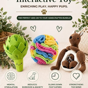May include: An image of three interactive dog toys: a green artichoke, a colorful ball, and a kangaroo. The toys are designed to enrich play and reduce boredom. Text on the image reads "Interactive Toy" and "Enriching Play. Happy Pups."