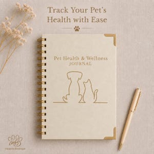 May include: A beige spiral-bound journal with gold-colored metal corners. The cover features the text "Pet Health & Wellness JOURNAL" and a line-art illustration of a dog and cat. Above the journal, the text reads "Track Your Pet's Health with Ease". A matching beige pen is placed to the right.