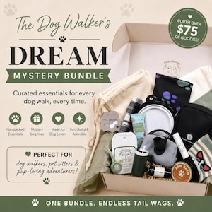 May include: A mystery bundle box for dog walkers containing a variety of pet accessories including a collapsible bowl, paw balm, a small pouch, a spray bottle, a flashlight, and fabric items, all presented in an open cardboard gift box.