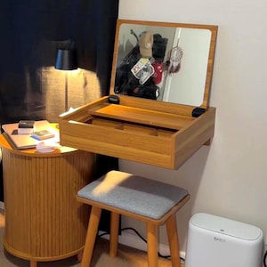 Floating Walnut Vanity Desk with Mirror And Stool, Wall Mounted Makeup Table for Small Spaces