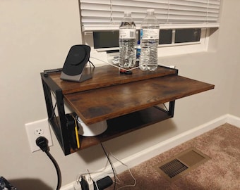 Mesita de noche flotante rústica de madera de 2 niveles, estante de pared para mesita de noche