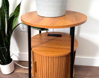 Round End Table with Charging Station, Fluted Nightstand, Sliding Door Storage
