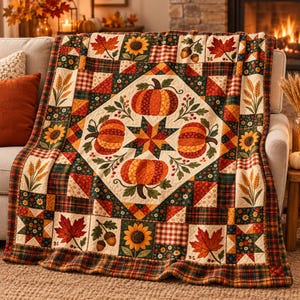 Autumn Pumpkin Blanket, Fall Patchwork Throw, Sunflower Maple Leaf Quilt Style Blanket, Rustic Farmhouse Decor, Thanksgiving Gift for Home