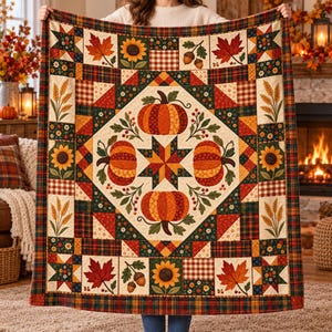 Autumn Pumpkin Blanket, Fall Patchwork Throw, Sunflower Maple Leaf Quilt Style Blanket, Rustic Farmhouse Decor, Thanksgiving Gift for Home