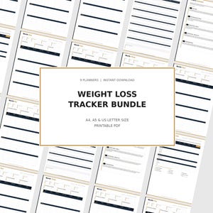 Pacchetto di 6 mesi per il monitoraggio della perdita di peso, con agenda per il fitness, pianificatore dei pasti, rilevamento delle misurazioni corporee e monitoraggio mensile del peso. Disponibile in formato PDF scaricabile (A4/A5/Letter).