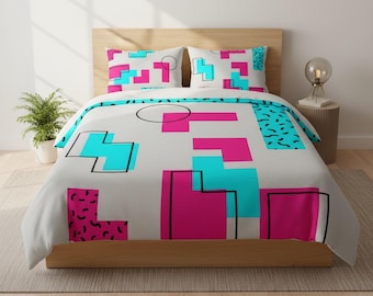 Funda nórdica geométrica Memphis / Juego de ropa de cama de algodón estilo retro de los 80 / Decoración colorida para el dormitorio