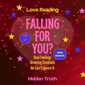 Puede incluir: Gráfico digital con fondo rojo y diseño en forma de corazón. El texto "FALLING FOR YOU?" es prominente, con texto adicional sobre sentimientos y emociones. Estrellas y corazones decoran la imagen.