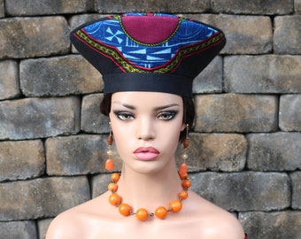 Zulu Hat  - African Hat  - Cameroon Hat - Ndop Atoghu cotton print fabric