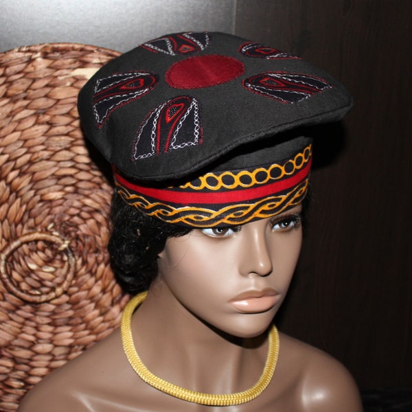 African hat from Cameroon - Atoghu print - red/black/yellow multi