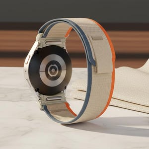 Könnte beinhalten: Eine silberne Smartwatch mit einem beige-orangenen Armband. Das Zifferblatt der Uhr ist schwarz mit einem silbernen Ring. Das Armband hat eine blaue Umrandung. Die Uhr liegt auf einer weißen Marmoroberfläche.
