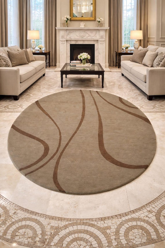 Moderner runder Teppich mit geschwungenen Linien | Neutral Taupe Braun Teppich | Minimalistische Wohnkultur