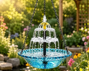 Hanging Solar Bird Bath Fountain, Blue Cascading Birdbath Bowl, Outdoor Garden Water Feature for Patio Balcony Yard