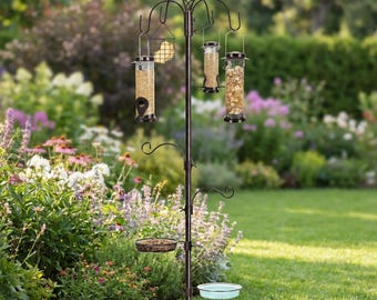 6 Hook Bird Feeding Station with Feeders & Bird Bath, Tall Outdoor Bird Feeder Pole Stand with Mesh Tray, Garden Backyard Bird Lover Gift