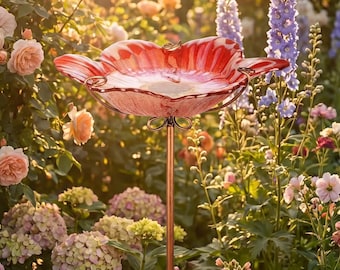 Red Glass Bird Bath with Metal Stake, Outdoor Garden Birdbath & Feeder, Decorative Yard Accent for Patio Lawn, Small Bird Water Bowl
