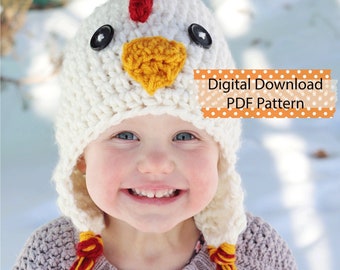 Chicken Hat, PDF Crochet Pattern, bulky yarn, winter hat, Halloween hat, chicken costume, crochet hat patterns, digital download pattern,