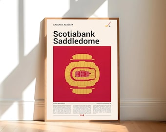Könnte beinhalten: Ein gerahmtes Poster mit dem Scotiabank Saddledome in Calgary, Alberta. Das Poster hat einen roten Hintergrund mit einer goldenen Stadionillustration. Der Text enthält "Scotiabank Saddledome" und "19.000 Zuschauer". Eine Hockeyschläger- und Puck-Grafik befindet sich in der oberen rechten Ecke.
