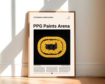 Peut inclure: Une affiche encadrée représentant le PPG Paints Arena à Pittsburgh, en Pennsylvanie. L'affiche a un fond noir avec un diagramme d'arène jaune. Le texte comprend "PPG Paints Arena" et d'autres détails.