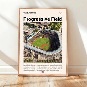 May include: A framed print featuring an aerial view of Progressive Field in Cleveland, Ohio. The image showcases the baseball stadium's green field, seating areas, and surrounding buildings. Text includes "Progressive Field" and location details.