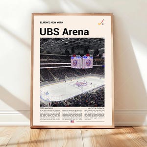 May include: A framed poster featuring the UBS Arena in Elmont, New York. The image shows the ice hockey rink with spectators. Text includes "UBS Arena", "17,255 spectators", and coordinates. A hockey stick graphic is in the upper right corner.