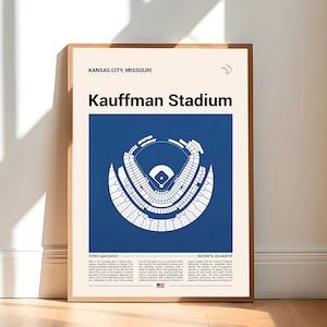 May include: A framed print of Kauffman Stadium in Kansas City, Missouri. The artwork features a blue stadium diagram with white details, set against a cream background. The stadium's name is prominently displayed, with additional text at the top and bottom.