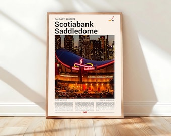 Affiche Saddledome Banque Scotia, impression d'image de stade, affiche de hockey moderne du milieu du siècle, affiches de chambre de sport, art mural de bureau minimaliste