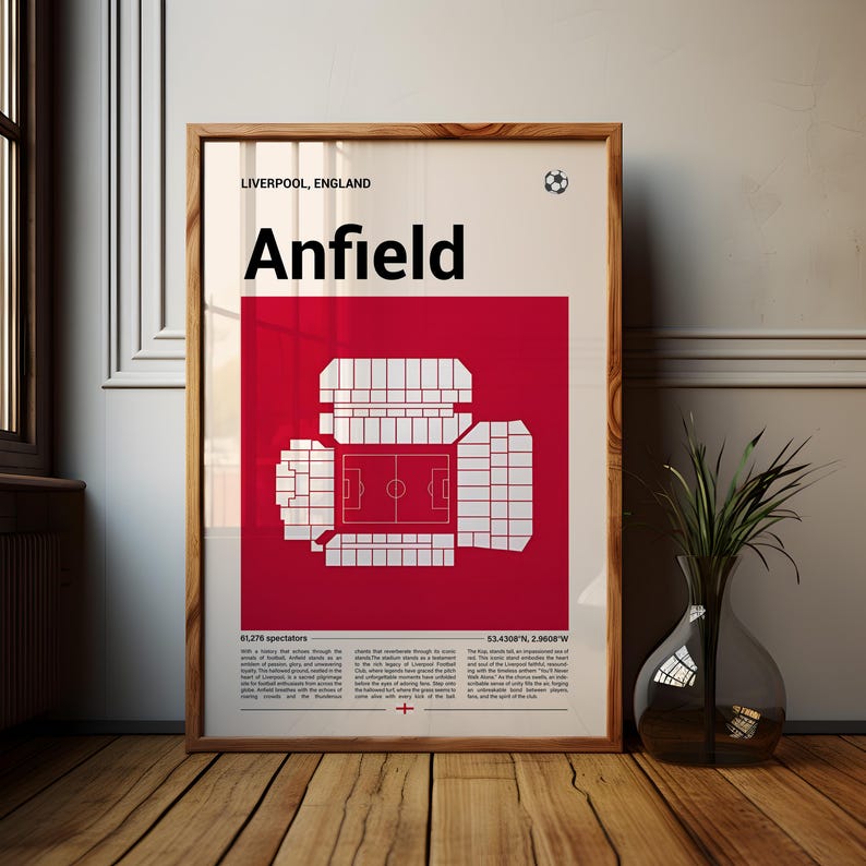 Anfield Stadium Poster, Stadium Seating Print, Mid Century Modern ...