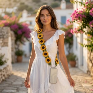 Könnte beinhalten: Ein weißes ärmelloses Kleid mit gerüschtem Ausschnitt und ein gehäkeltes Handyband mit gelb-braunen Sonnenblumenmotiven, das mit silbernen Metallclips an einer rechteckigen Handyhülle befestigt ist.