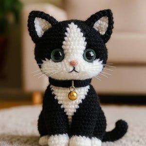 Könnte beinhalten: Ein gehäkeltes schwarz-weißes Katzen-Stofftier mit großen dunklen Augen, einer kleinen rosa Nase und weißen Schnurrhaaren. Die Katze hat ein schwarzes Halsband mit einer kleinen goldfarbenen Glocke in der Mitte, weißen Pfoten und einem weißen Brustfleck.