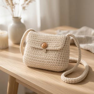 May include: A cream-colored crochet crossbody bag featuring a rectangular body with a flap closure secured by a single round brown wooden button. The bag includes a thick, braided crochet shoulder strap and a textured, hand-stitched yarn finish.