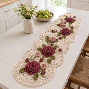 May include: A cream-colored crochet table runner featuring a series of circular motifs decorated with three-dimensional dark pink and light pink rose blossoms, along with green crocheted leaves and stems arranged along the center of the runner.