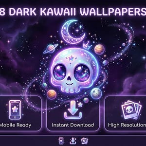 Peut inclure: Illustration numérique avec un crâne kawaii aux grands yeux étoilés, entouré de planètes, d'étoiles et d'un croissant de lune. Le texte "8 Dark Kawaii Wallpapers" est en haut, avec des icônes pour mobile, téléchargement instantané et haute résolution 4K.