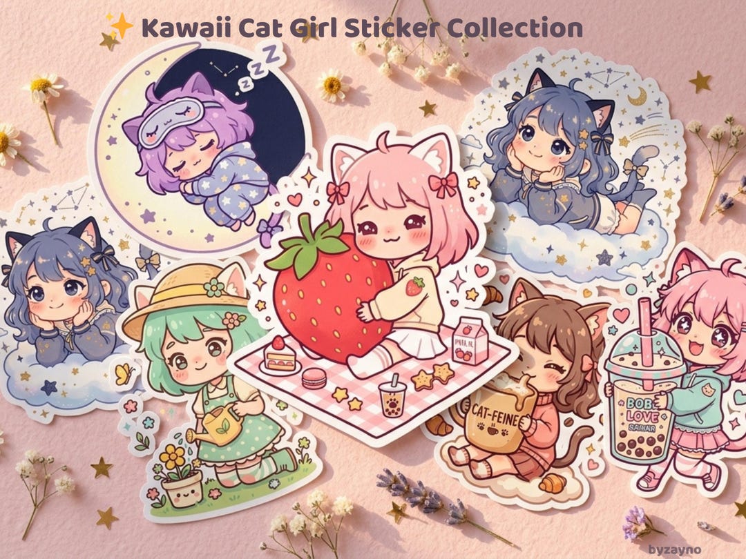 Kawaii Cozy Cat Girl Sticker Pack PNG | Cozy Chibi Cat Girl Digital ...