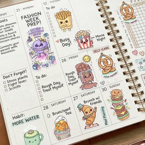 Kawaii-Essensaufkleber-Bogen (PNG zum Ausdrucken) | Niedliche Snack-Cliparts | Aufkleber für Journal und Planer | Sofort-Download