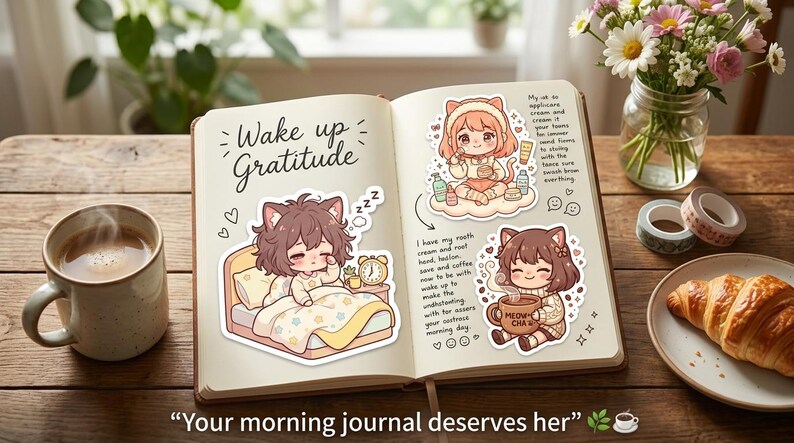Kawaii Routine Kawaii Morning Routine Sticker Pack PNG | Cozy Chibi Cat Girl Digital ...