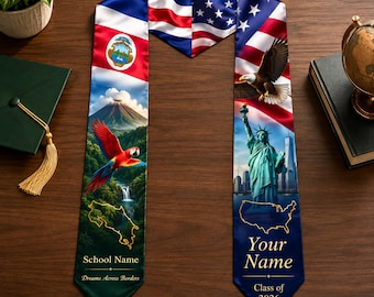 Costa Rican American Graduation Stole 2026, Personalized Class of 2026 Graduation Sash, Custom Name & School Name Stole, Hispanic Grad Gift