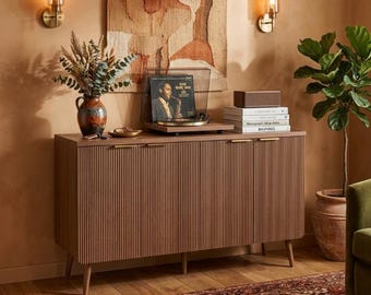 Fluted Walnut Sideboard Cabinet – 4 Door Modern Storage