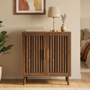 Farmhouse Walnut Sideboard Cabinet with Slatted Doors