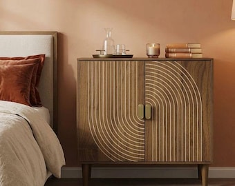 Walnut Sideboard Cabinet with Adjustable Shelf and Gold Handles