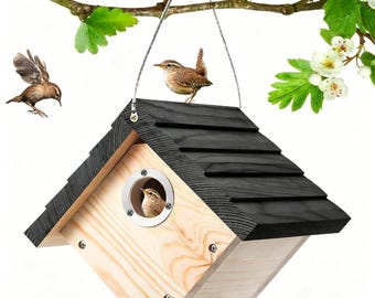 Casetta per uccelli in legno da appendere, nido per passeri da esterno, mangiatoia rustica per uccelli da giardino, decorazione per cortile e patio in stile rustico.