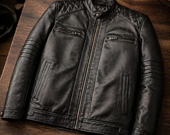 Chaqueta Cafe Racer de cuero genuino para hombre: estilo motero acolchado, prenda de abrigo para motociclistas.