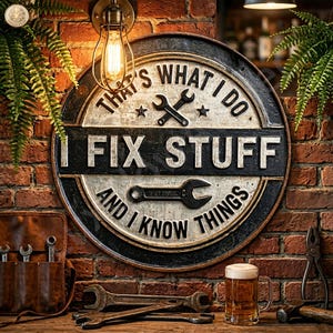 Könnte beinhalten: Rundes Metallschild mit dem Text "THAT'S WHAT I DO, I FIX STUFF, AND I KNOW THINGS". Das Schild zeigt gekreuzte Schraubenschlüssel und einen Schraubenschlüssel-Grafik. Es ist an einer roten Backsteinmauer befestigt, mit Werkzeugen und Bier.