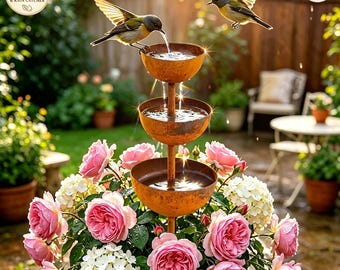 May include: A tiered, rust-colored metal water fountain with three stacked bowls, surrounded by pink roses and white hydrangea flowers. Two small birds are perched near the top bowl. Text on the image reads 2-IN-1 DESIGN PLANT SUPPORT & RAIN CATCHER.