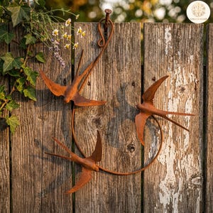 Peut inclure: Une décoration murale rustique en métal représentant trois hirondelles en vol, fabriquée en métal rouillé et vieilli. Les oiseaux sont disposés en cercle, montés sur une clôture en bois vieilli. L'œuvre ajoute une touche de décoration inspirée de la nature.