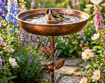 Vaschetta per uccelli vintage in rame fatta a mano, mangiatoia per uccelli in metallo, decorazione da giardino per esterni, vaso da fiori oasi, regalo per gli amanti degli uccelli, arte rustica in metallo